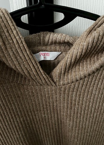 Bej Kadın Örgü Sweatshirt Kapüşonlu - Görsel 3