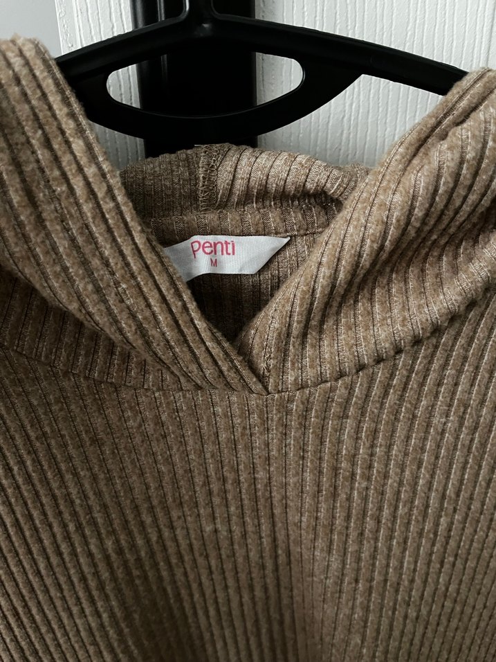 Bej Kadın Örgü Sweatshirt Kapüşonlu - Görsel 3