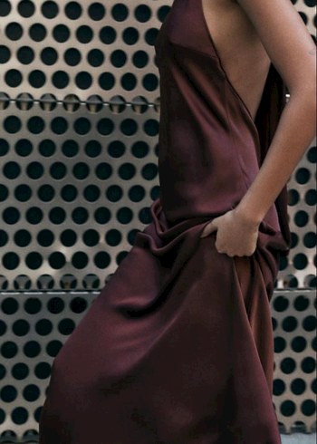 Zara Bordo Drapeli Uzun Sırt Dekolteli Kadın Elbise