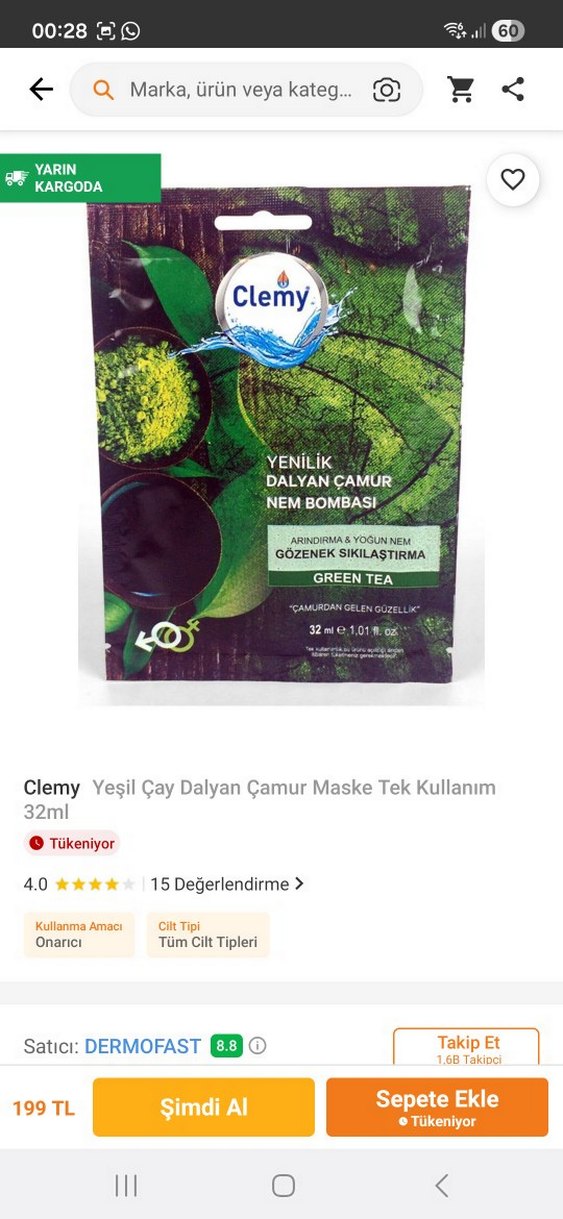 Clemy Yeşil Çaylı Nem Bombası Saç Maskesi 32 ml - Görsel 2