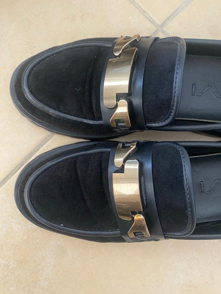 Siyah Süet Kadın Loaferlar Gold Tokalı - Görsel 5