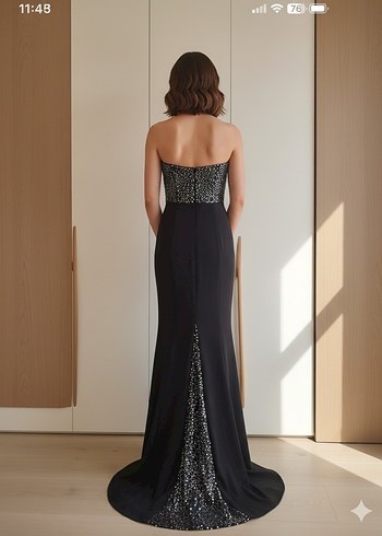 Siyah Parlak Yılan Desenli Uzun Abiye Elbise - Görsel 2