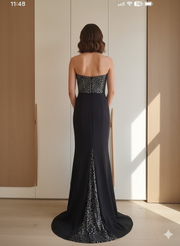 Siyah Parlak Yılan Desenli Uzun Abiye Elbise - Görsel 2