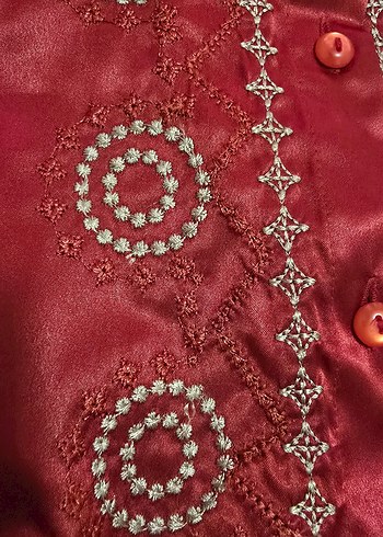 Düğmeli Kırmızı Saten Nakışlı Kadın Gömlek - Görsel 6