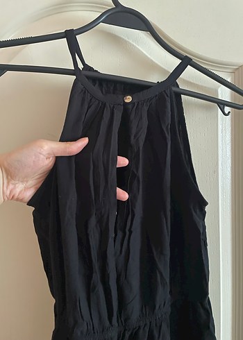 Siyah Askılı Uzun Keten Elbise - Görsel 5