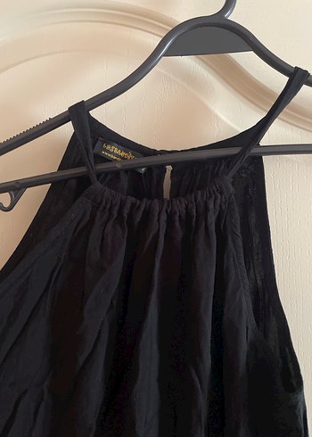 Siyah Askılı Uzun Keten Elbise - Görsel 3