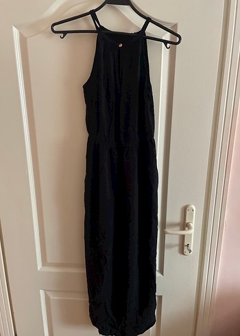 Siyah Askılı Uzun Keten Elbise - Görsel 4