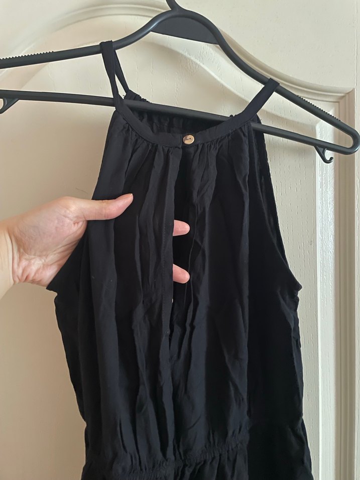 Siyah Askılı Uzun Keten Elbise - Görsel 5