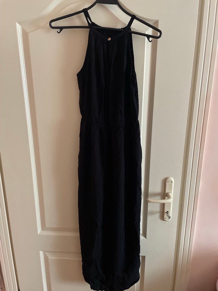 Siyah Askılı Uzun Keten Elbise - Görsel 4