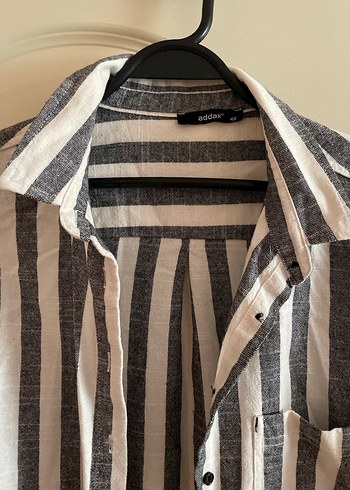 Düğmeli Gri Çizgili Keten Uzun Kollu Gömlek - Görsel 2