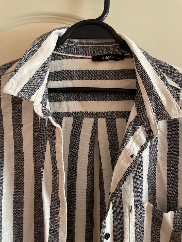 Düğmeli Gri Çizgili Keten Uzun Kollu Gömlek - Görsel 2