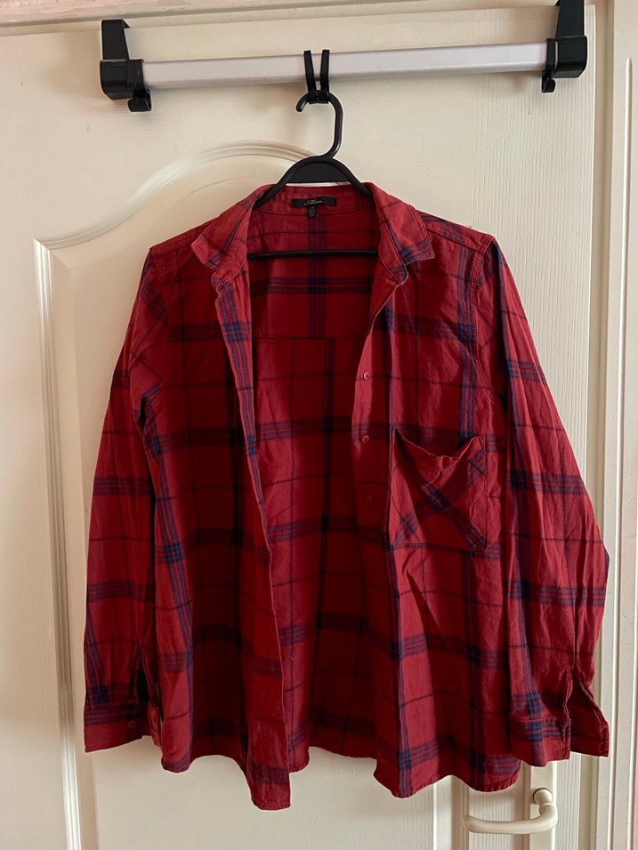 Bordo Uzun Kollu Düğmeli Salaş Kadın Gömlek - Görsel 2