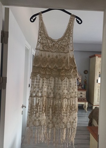 Bej İşlemeli Dantel Örgü Kolsuz Midi bikini pareo - Görsel 2