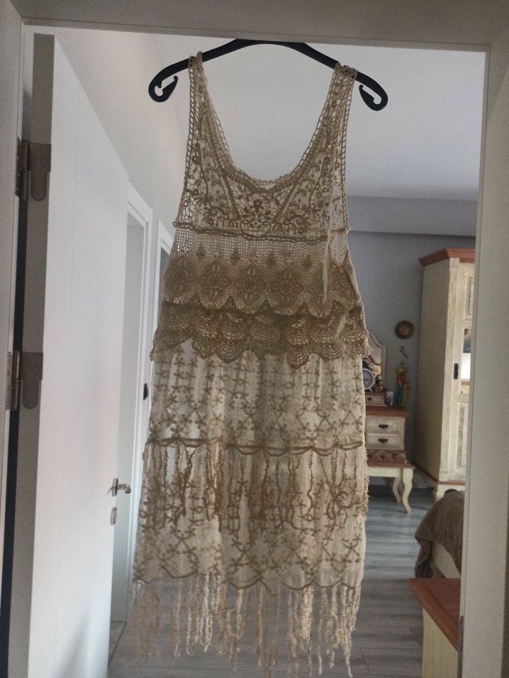 Bej İşlemeli Dantel Örgü Kolsuz Midi bikini pareo - Görsel 2