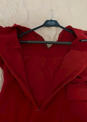 Kırmızı Midi V Yaka Drapeli Kadın Elbise - Görsel 8