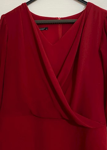 Kırmızı Midi V Yaka Drapeli Kadın Elbise - Görsel 2