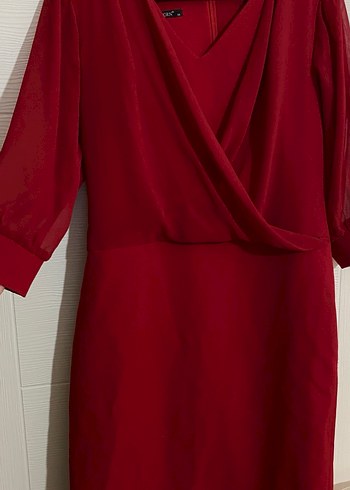 Kırmızı Midi V Yaka Drapeli Kadın Elbise - Görsel 3
