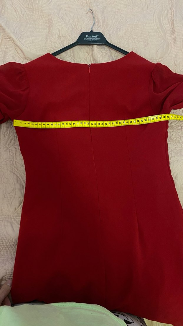 Kırmızı Midi V Yaka Drapeli Kadın Elbise - Görsel 5