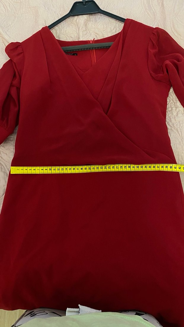Kırmızı Midi V Yaka Drapeli Kadın Elbise - Görsel 4