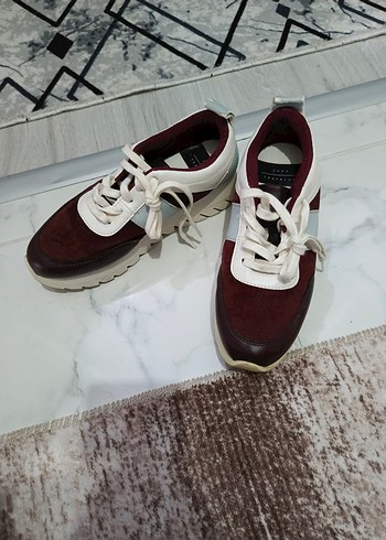 Bordo Dolgu Topuklu Bağcıklı Kadın Sneakers - Görsel 7