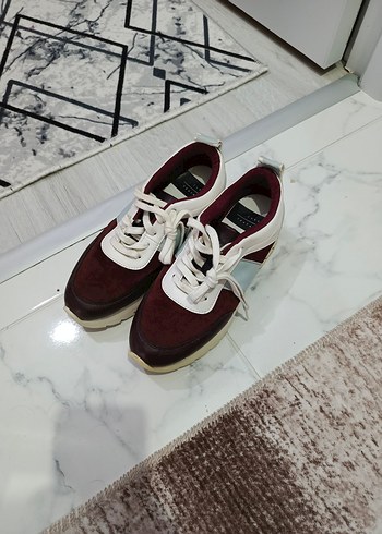 Bordo Dolgu Topuklu Bağcıklı Kadın Sneakers - Görsel 5
