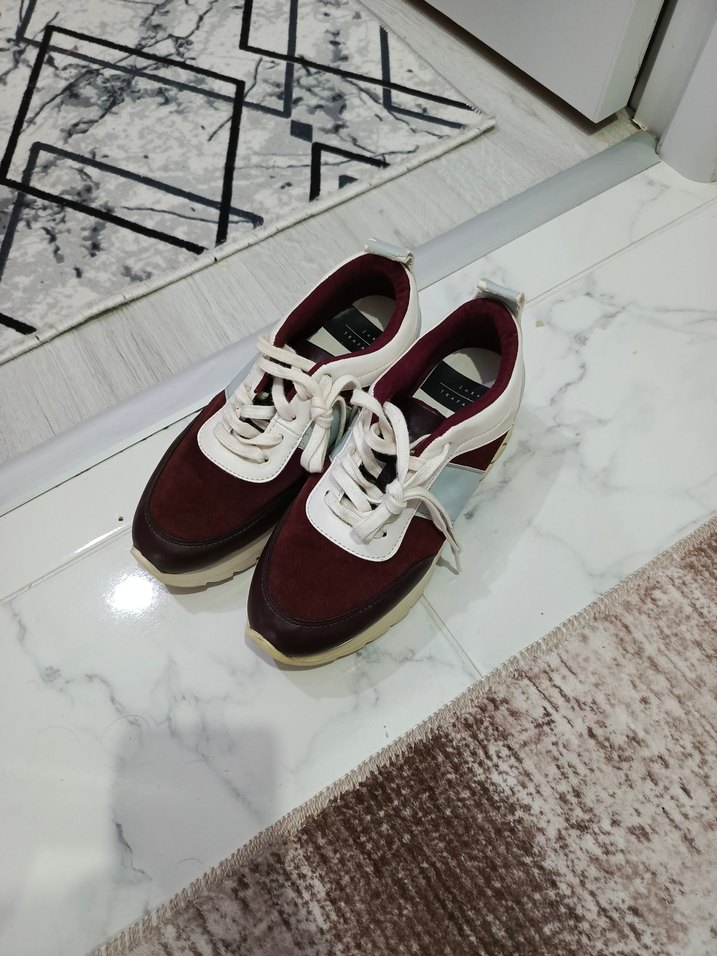 Bordo Dolgu Topuklu Bağcıklı Kadın Sneakers - Görsel 5