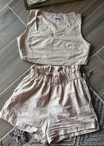 l Beden Bej Keten V Yaka Kolsuz Mini Crop Top