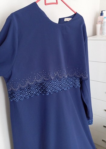 Drapeli Uzun Kollu Lacivert Uzun Elbise - Görsel 2