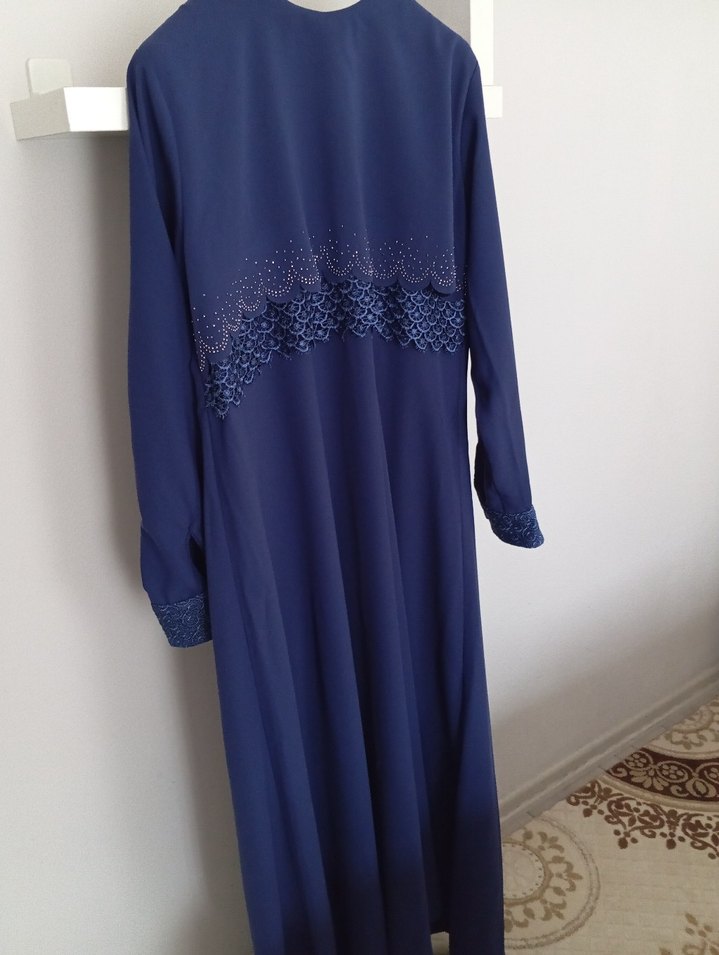 Drapeli Uzun Kollu Lacivert Uzun Elbise - Görsel 4