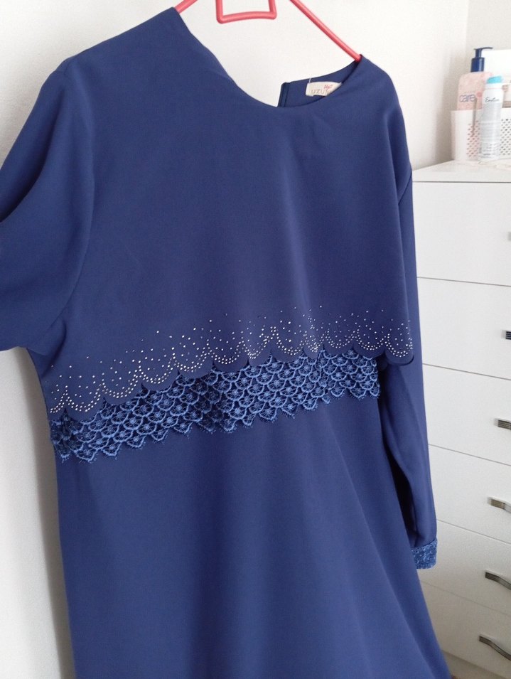 Drapeli Uzun Kollu Lacivert Uzun Elbise - Görsel 2