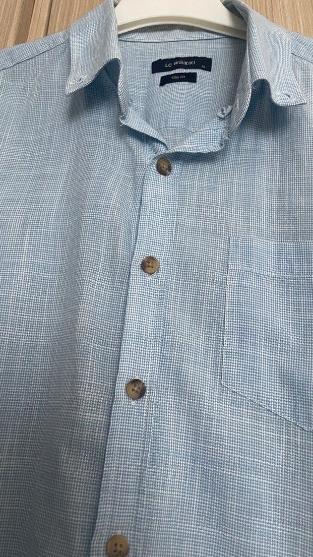 Mavi Kısa Kollu Keten Gömlek - Görsel 3