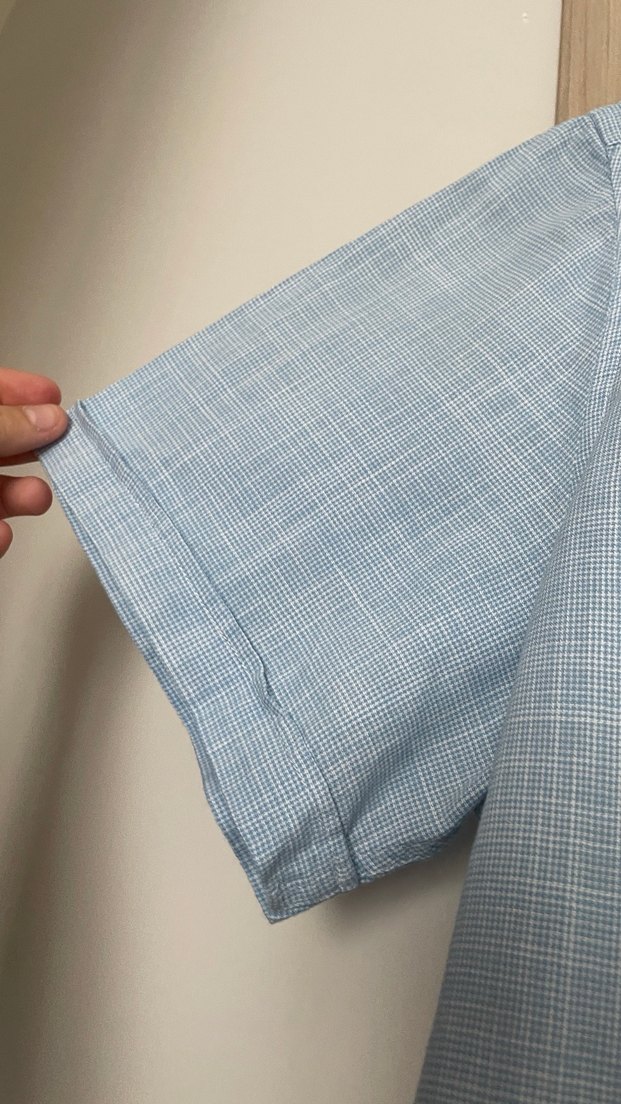 Mavi Kısa Kollu Keten Gömlek - Görsel 4