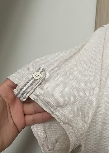 Bej Keten Kısa Kollu Erkek Gömlek - Görsel 3