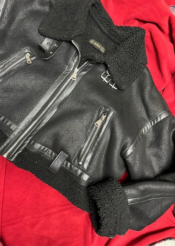 Siyah Deri Biker Ceket Mini Kesim - Görsel 2