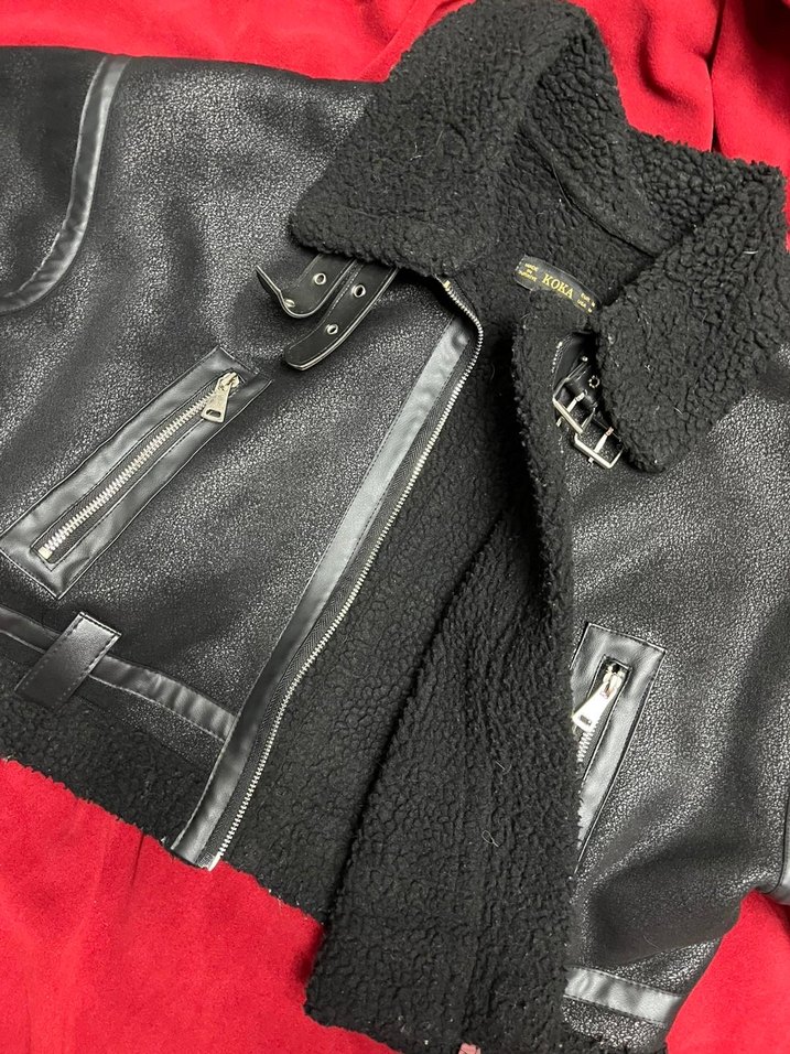 Siyah Deri Biker Ceket Mini Kesim - Görsel 3