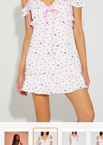 Pembe Çiçekli Mini Fırfırlı Elbise - Görsel 2