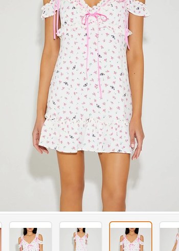 Pembe Çiçekli Mini Fırfırlı Elbise - Görsel 4