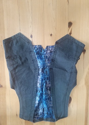 Diğer Düğmeli V Yaka Mavi Denim Kadın Yelek