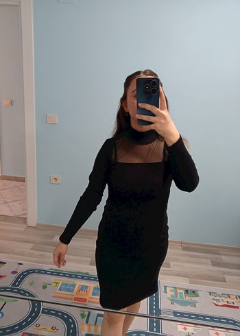 Siyah Yüksek Yakalı Kadın Midi Triko Elbise - Görsel 2