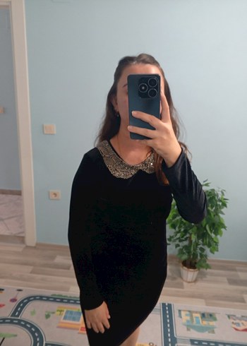 Siyah V Yakalı Kadın Triko Elbise - Görsel 2