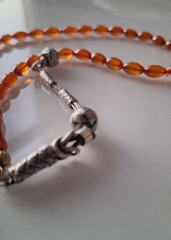 Saf baltık kehribar tesbih 1000 Ayar Gümüş Püsküllü ve kozalı - Görsel 3