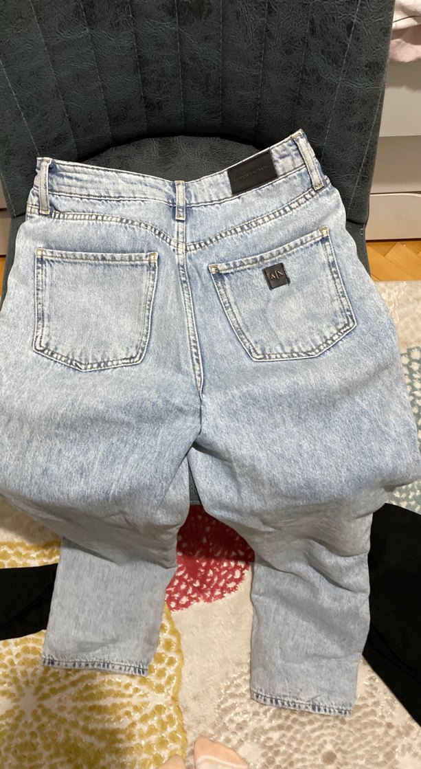 armani Kadın Gri Mavi Çift Tokalı Bol Kesim Kot Pantolon - Görsel 4