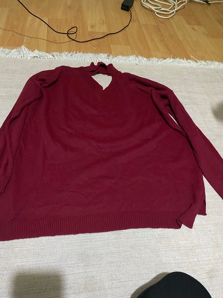 Bordo V Yaka Örme Kadın Kazak - Görsel 3