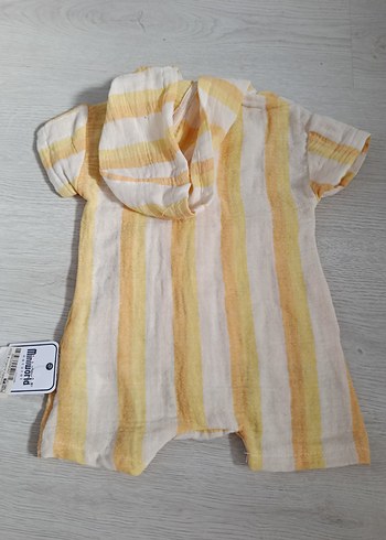 9 Ay Beden sarı Renk Sarı Çizgili Kısa Kollu Bebek Tulum