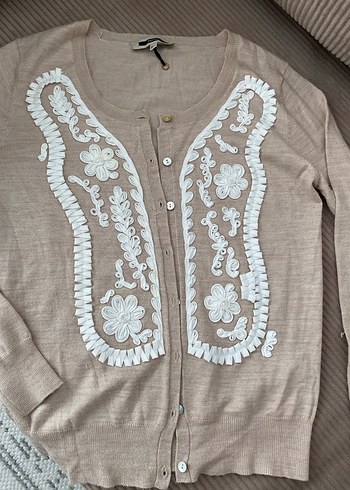 İPEKYOL Nakışlı Bej yün Kadın Hırka - Görsel 2