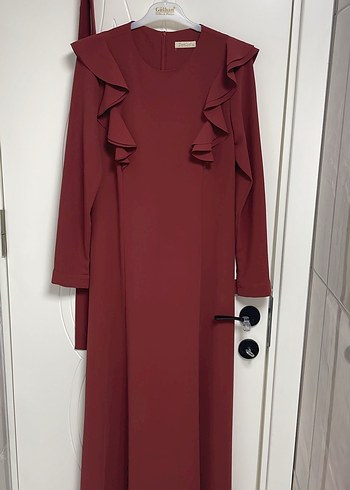 Bordo Uzun Kollu Fırfırlı Uzun Elbise