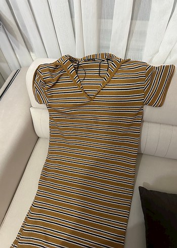 s Beden Kahverengi Zebra Desenli Kapüşonlu Triko elbise