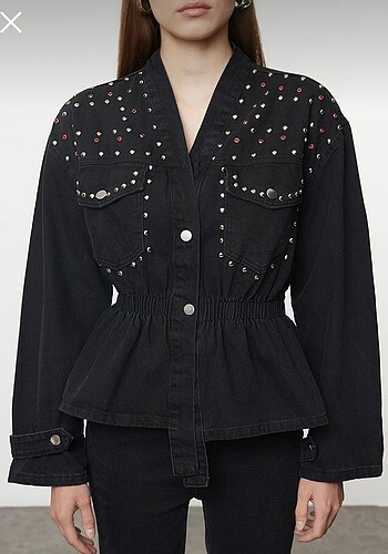 l Beden Siyah Belden Lastikli Trok Taşlı Oversize Denim Ceket