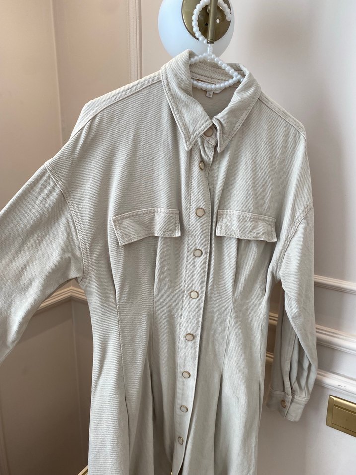 Bej Uzun Kollu Kot gömlek - Görsel 2