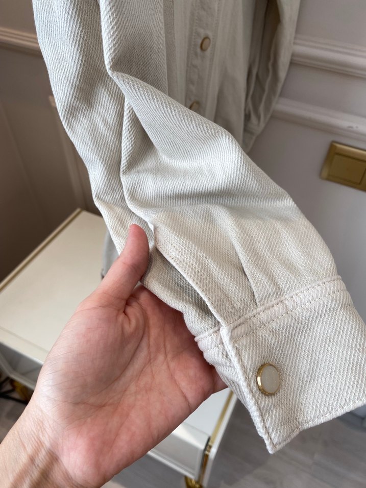 Bej Uzun Kollu Kot gömlek - Görsel 4